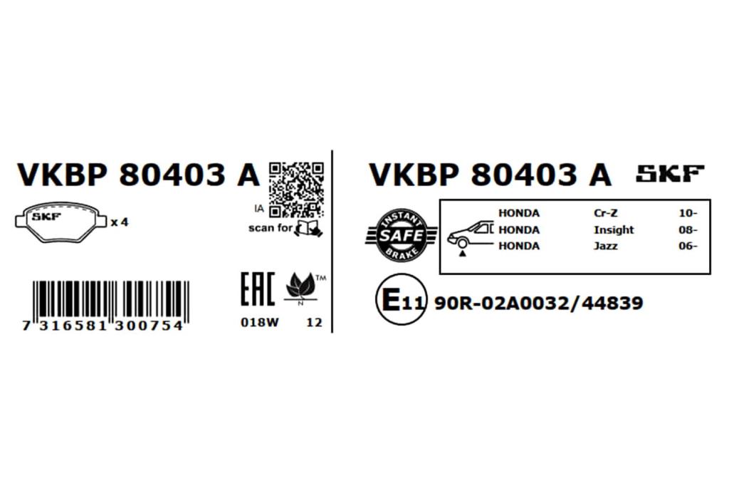 Jogo de 4 pastilhas de travão SKF ref. VKBP 80403 A